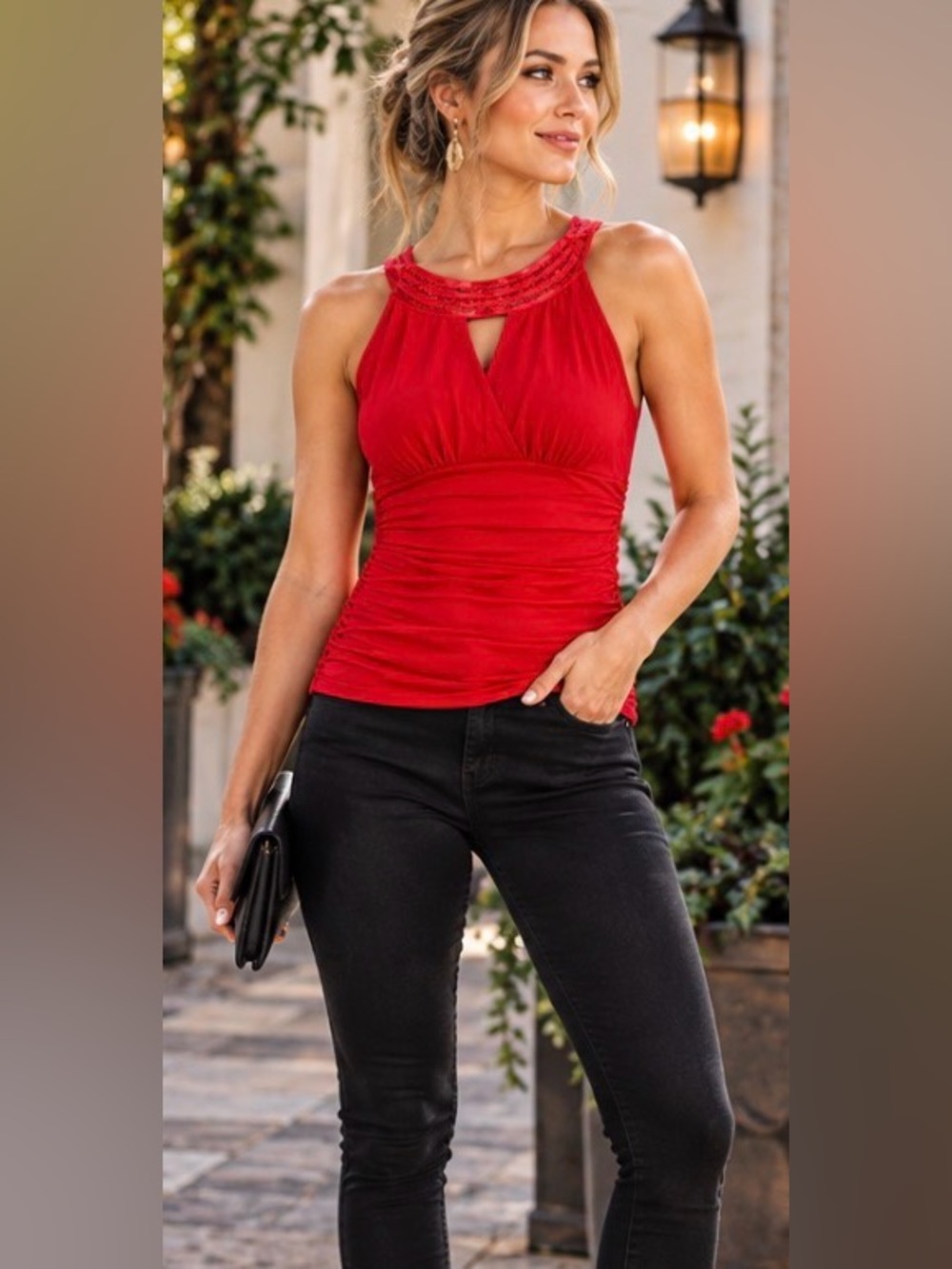 Sexy White House Black Market XS Red Ruched Halter Top Lace Trim Keyhole